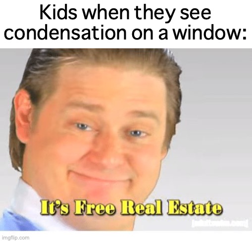 Mark Greg Sputnik | Kids when they see condensation on a window: | image tagged in it's free real estate,memes,writing,drawing,kids | made w/ Imgflip meme maker