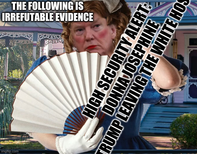 come on this proof is IRREFUTABLE!! | THE FOLLOWING IS IRREFUTABLE EVIDENCE; HIGH SECURITY ALERT:
DONNA JOSEPHINE TRUMP LEAVING THE WHITE HOSE | image tagged in southern belle trumpette | made w/ Imgflip meme maker