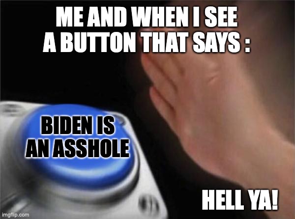 Me and dat buton! | ME AND WHEN I SEE A BUTTON THAT SAYS :; BIDEN IS AN ASSHOLE; HELL YA! | image tagged in memes,blank nut button | made w/ Imgflip meme maker