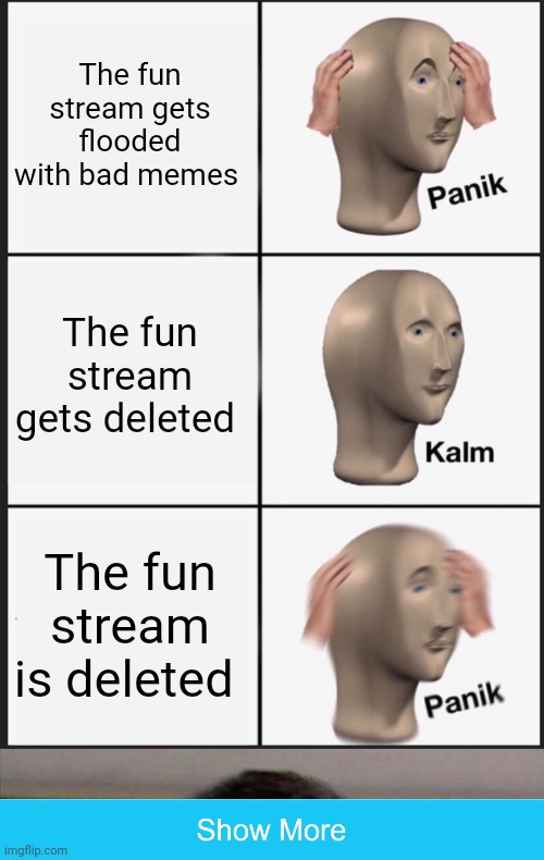 DON'T EVEN THINK ABOUT IT IMGFLIP! | The fun stream gets flooded with bad memes; The fun stream gets deleted; The fun stream is deleted | image tagged in memes,panik kalm panik | made w/ Imgflip meme maker