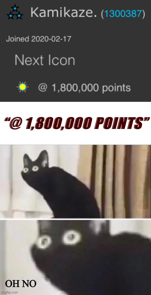 lol for some reason I thought my next icon was coming at 1,300,000 points. This is gonna be a slog... | “@ 1,800,000 POINTS”; OH NO | image tagged in oh no black cat,icon,icons,meanwhile on imgflip,imgflip points,first world imgflip problems | made w/ Imgflip meme maker