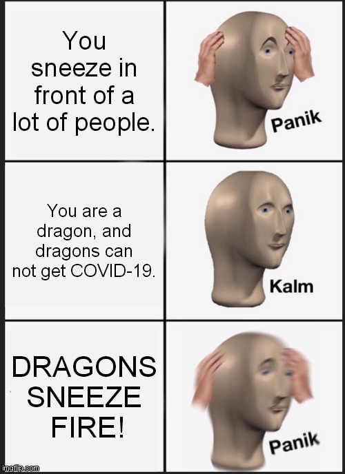 Dragon Sneeze Meme | You sneeze in front of a lot of people. You are a dragon, and dragons can not get COVID-19. DRAGONS SNEEZE
 FIRE! | image tagged in memes,panik kalm panik,dragon,covid,sneeze,fire | made w/ Imgflip meme maker