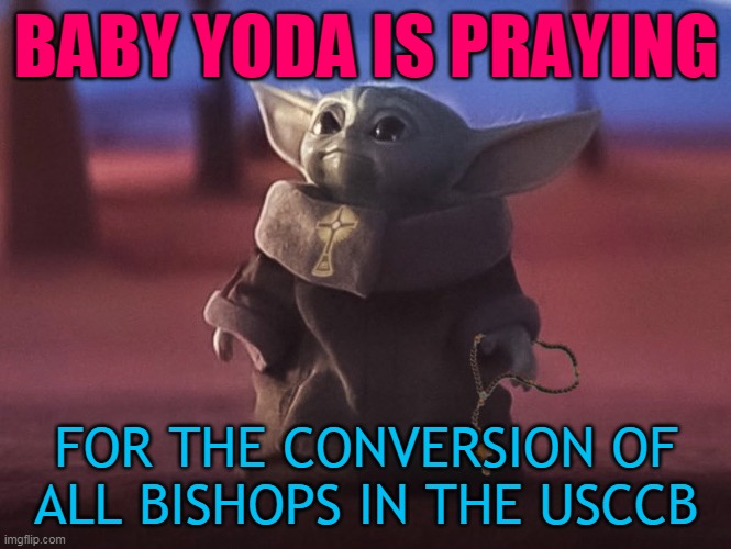BABY YODA IS PRAYING; FOR THE CONVERSION OF ALL BISHOPS IN THE USCCB | made w/ Imgflip meme maker