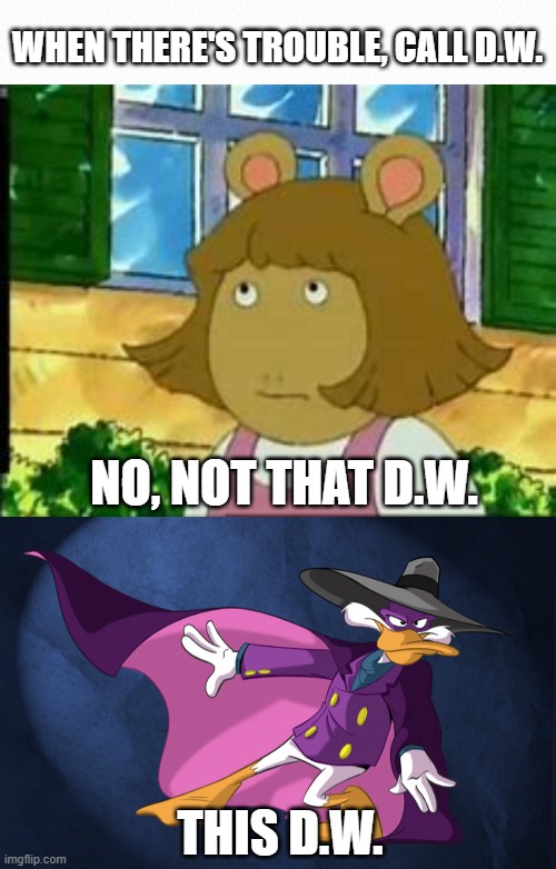 Which D.W? | WHEN THERE'S TROUBLE, CALL D.W. NO, NOT THAT D.W. THIS D.W. | image tagged in darkwing duck,cartoons,arthur | made w/ Imgflip meme maker