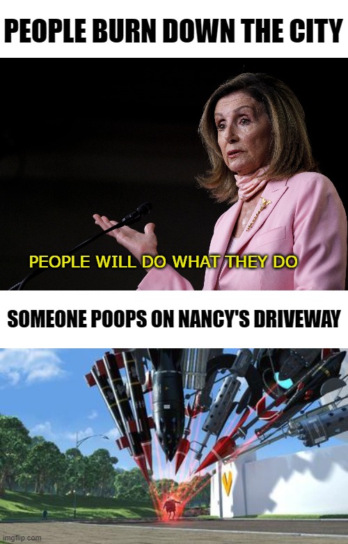 What happens, happens until it happens to them. | PEOPLE BURN DOWN THE CITY; PEOPLE WILL DO WHAT THEY DO; SOMEONE POOPS ON NANCY'S DRIVEWAY | image tagged in nancy pelosi,hypocrisy | made w/ Imgflip meme maker