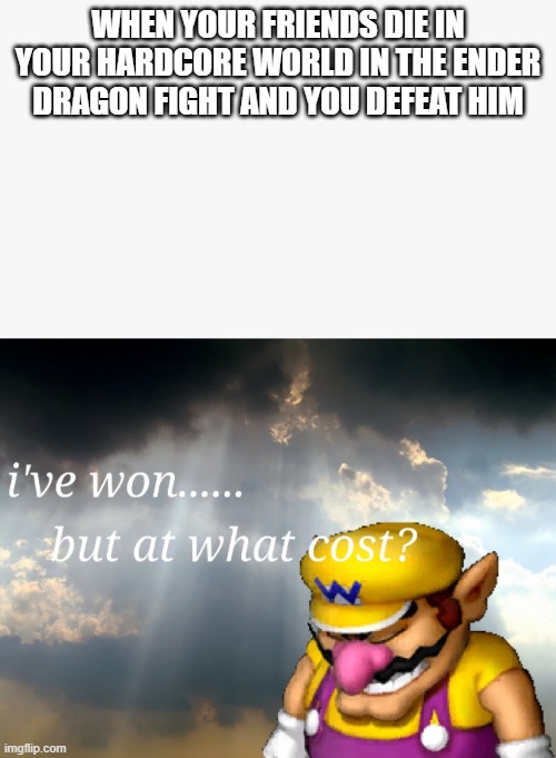 I've won but at what cost | WHEN YOUR FRIENDS DIE IN YOUR HARDCORE WORLD IN THE ENDER DRAGON FIGHT AND YOU DEFEAT HIM | image tagged in i've won but at what cost,memes,minecraft | made w/ Imgflip meme maker