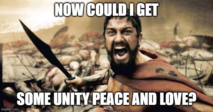 Sparta Leonidas | NOW COULD I GET; SOME UNITY PEACE AND LOVE? | image tagged in memes,sparta leonidas | made w/ Imgflip meme maker