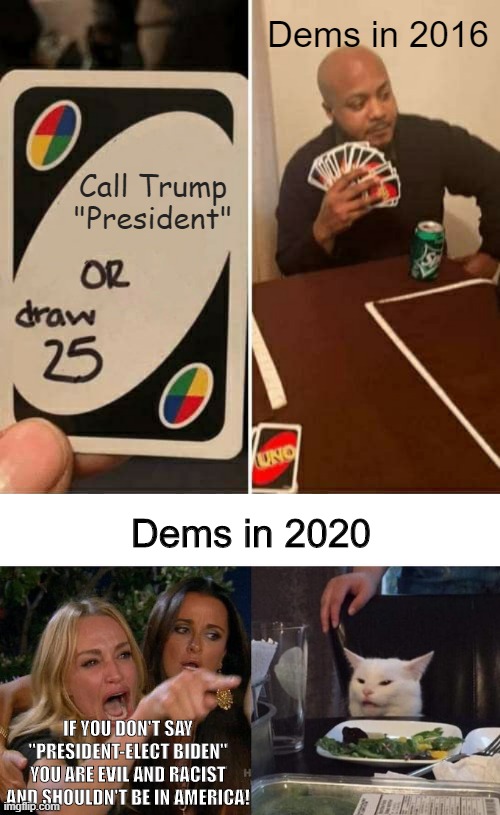 Dems in 2016; Call Trump "President"; Dems in 2020; IF YOU DON'T SAY "PRESIDENT-ELECT BIDEN" YOU ARE EVIL AND RACIST AND SHOULDN'T BE IN AMERICA! | image tagged in memes,uno draw 25 cards,woman yelling at cat | made w/ Imgflip meme maker