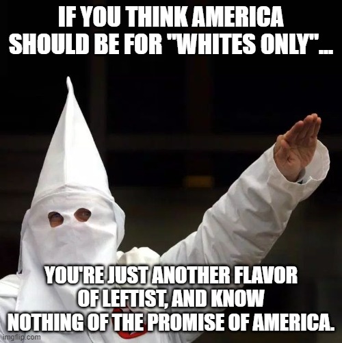 There's No Such Thing As "Far-Right"...There Is Only Liberty Vs. Tyranny | IF YOU THINK AMERICA SHOULD BE FOR "WHITES ONLY"... YOU'RE JUST ANOTHER FLAVOR OF LEFTIST, AND KNOW NOTHING OF THE PROMISE OF AMERICA. | image tagged in kkk,no far right,leftist by any other name,biden unfit unqualified dangerous | made w/ Imgflip meme maker
