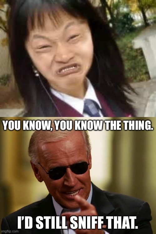 Damn, Joe. | YOU KNOW, YOU KNOW THE THING. I’D STILL SNIFF THAT. | image tagged in angry asian lady,cool joe biden,joe biden,pervert,creepy,hair | made w/ Imgflip meme maker