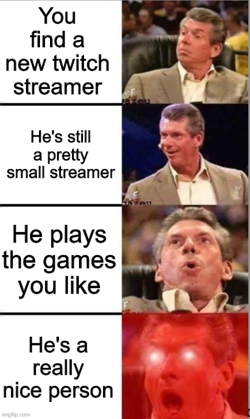 No better feeling | You find a new twitch streamer; He's still a pretty small streamer; He plays the games you like; He's a really nice person | image tagged in vince mcmahon,memes,twitch,streams,new | made w/ Imgflip meme maker