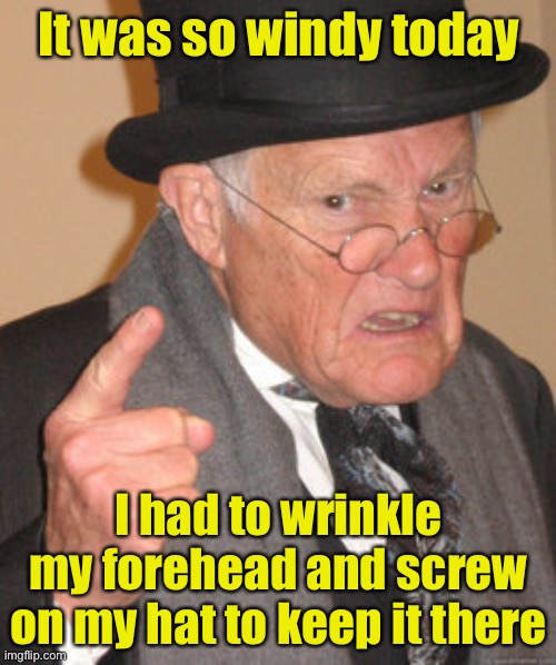 Screw on head | It was so windy today; I had to wrinkle my forehead and screw on my hat to keep it there | image tagged in memes,back in my day | made w/ Imgflip meme maker