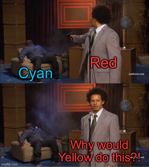 Who Killed Hannibal | Red; Cyan; Why would Yellow do this?! | image tagged in memes,who killed hannibal | made w/ Imgflip meme maker
