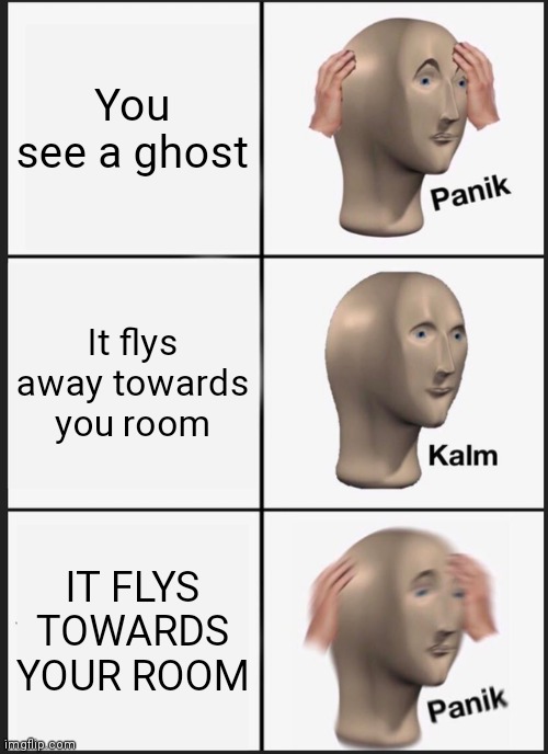 Panik Kalm Panik | You see a ghost; It flys away towards you room; IT FLYS TOWARDS YOUR ROOM | image tagged in memes,panik kalm panik | made w/ Imgflip meme maker