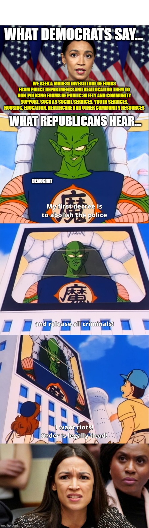 Defund Police | WHAT DEMOCRATS SAY... WE SEEK A MODEST DIVESTITURE OF FUNDS FROM POLICE DEPARTMENTS AND REALLOCATING THEM TO NON-POLICING FORMS OF PUBLIC SAFETY AND COMMUNITY SUPPORT, SUCH AS SOCIAL SERVICES, YOUTH SERVICES, HOUSING, EDUCATION, HEALTHCARE AND OTHER COMMUNITY RESOURCES; WHAT REPUBLICANS HEAR... DEMOCRAT | image tagged in blank white template,defund police,defund,political meme,politics,police brutality | made w/ Imgflip meme maker