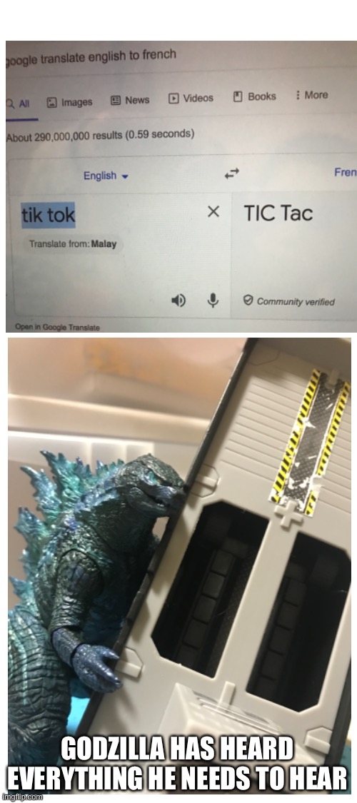 French think tik tok is candy | GODZILLA HAS HEARD EVERYTHING HE NEEDS TO HEAR | image tagged in blank white template | made w/ Imgflip meme maker