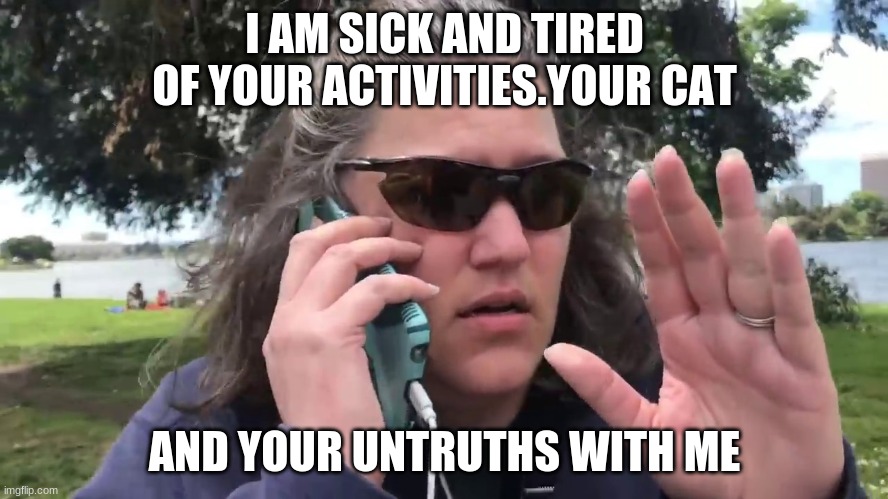 sublime karen | I AM SICK AND TIRED OF YOUR ACTIVITIES.YOUR CAT; AND YOUR UNTRUTHS WITH ME | image tagged in karen | made w/ Imgflip meme maker