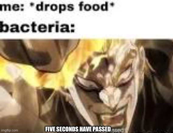 ITS BACTERIA OH NO | FIVE SECONDS HAVE PASSED | image tagged in dio,bacteria,sick | made w/ Imgflip meme maker