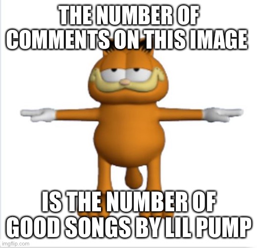 I am correct | THE NUMBER OF COMMENTS ON THIS IMAGE; IS THE NUMBER OF GOOD SONGS BY LIL PUMP | image tagged in garfield t-pose,lil pump | made w/ Imgflip meme maker