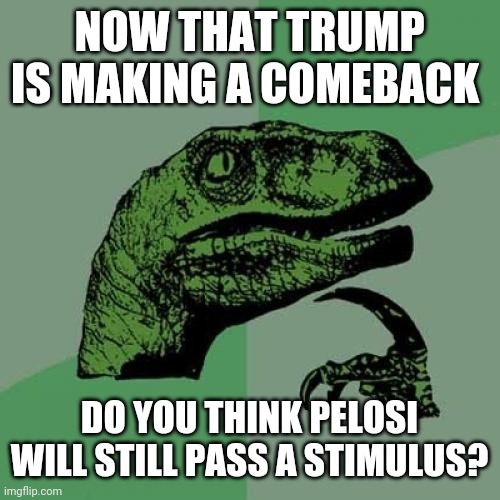 They have a dominion computer | NOW THAT TRUMP IS MAKING A COMEBACK; DO YOU THINK PELOSI WILL STILL PASS A STIMULUS? | image tagged in memes,philosoraptor | made w/ Imgflip meme maker