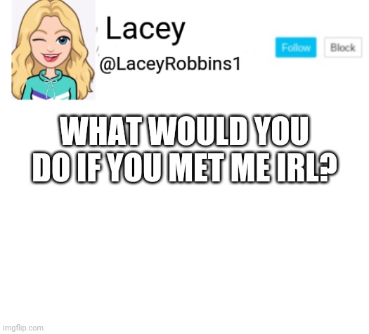 Lacey announcement | WHAT WOULD YOU DO IF YOU MET ME IRL? | image tagged in lacey announcement | made w/ Imgflip meme maker