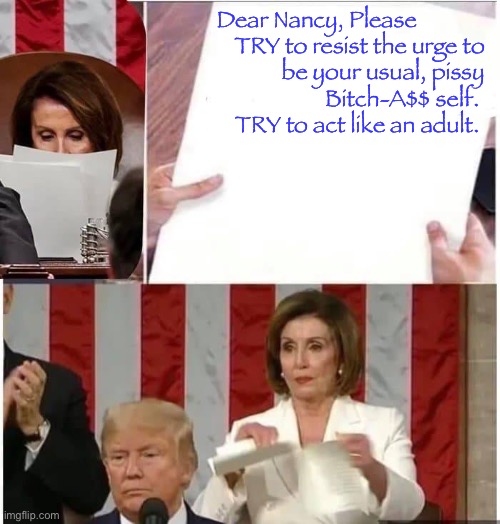 Nancy Pelosi rips paper | Dear Nancy, Please              
   TRY to resist the urge to 
be your usual, pissy 
Bitch-A$$ self.  
 TRY to act like an adult. | image tagged in nancy pelosi rips paper | made w/ Imgflip meme maker