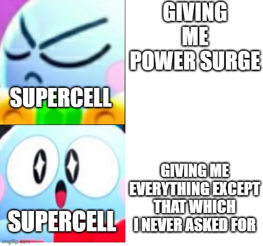 yo, supercell look, i don't need no gene just gimme power surge already!! (btw i just got gene, i never asked man...) | GIVING ME POWER SURGE; SUPERCELL; GIVING ME EVERYTHING EXCEPT THAT WHICH I NEVER ASKED FOR; SUPERCELL | image tagged in blank white template | made w/ Imgflip meme maker