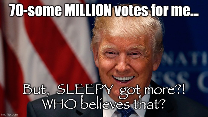 Laughing Donald Trump | 70-some MILLION votes for me... But,  SLEEPY  got more?!
WHO believes that? | image tagged in laughing donald trump | made w/ Imgflip meme maker