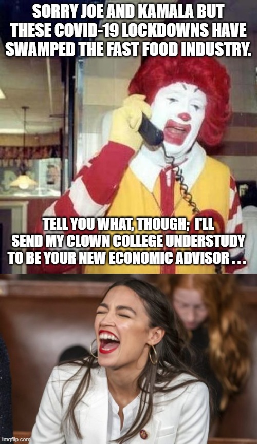 Ronald understand the Dem Party's . . . needs: | SORRY JOE AND KAMALA BUT THESE COVID-19 LOCKDOWNS HAVE SWAMPED THE FAST FOOD INDUSTRY. TELL YOU WHAT, THOUGH;  I'LL SEND MY CLOWN COLLEGE UNDERSTUDY TO BE YOUR NEW ECONOMIC ADVISOR . . . | image tagged in ronald mcdonalds call | made w/ Imgflip meme maker