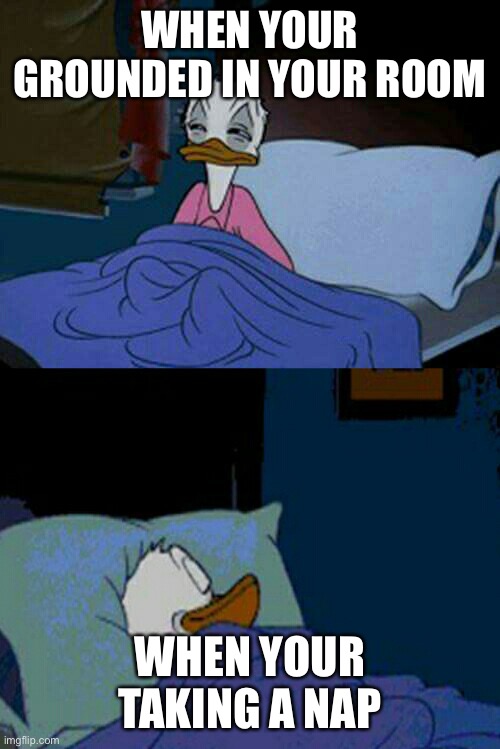sleepy donald duck in bed | WHEN YOUR GROUNDED IN YOUR ROOM; WHEN YOUR TAKING A NAP | image tagged in sleepy donald duck in bed | made w/ Imgflip meme maker