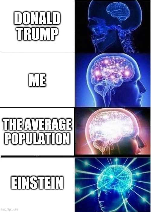 Expanding Brain | DONALD TRUMP; ME; THE AVERAGE POPULATION; EINSTEIN | image tagged in memes,expanding brain | made w/ Imgflip meme maker
