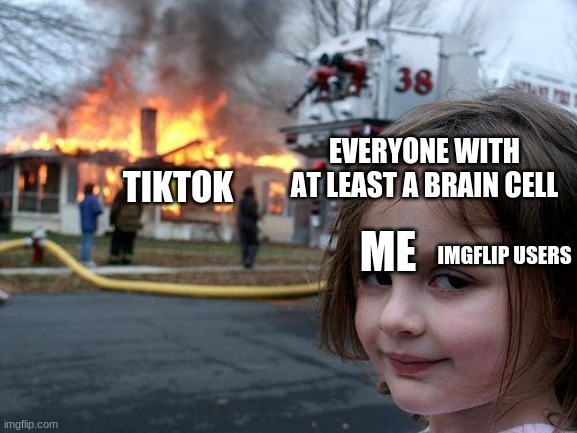 ya, I just want to make a good meme. I hope this is good | EVERYONE WITH AT LEAST A BRAIN CELL; TIKTOK; ME; IMGFLIP USERS | image tagged in memes,disaster girl | made w/ Imgflip meme maker