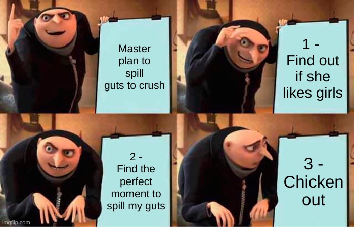 Gru's Plan | Master plan to spill guts to crush; 1 -  Find out if she likes girls; 2 - Find the perfect moment to spill my guts; 3 - Chicken out | image tagged in memes,gru's plan | made w/ Imgflip meme maker