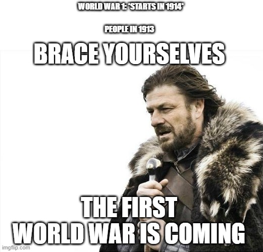 This is not funny. | WORLD WAR 1: *STARTS IN 1914*; BRACE YOURSELVES; PEOPLE IN 1913; THE FIRST WORLD WAR IS COMING | image tagged in memes,brace yourselves x is coming | made w/ Imgflip meme maker
