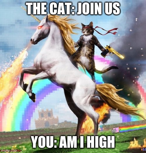 Welcome To The Internets | THE CAT: JOIN US; YOU: AM I HIGH | image tagged in memes,welcome to the internets | made w/ Imgflip meme maker
