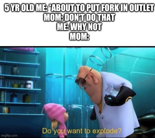 Do you want to explode? | 5 YR OLD ME: *ABOUT TO PUT FORK IN OUTLET
MOM: DON'T DO THAT
ME: WHY NOT
MOM: | image tagged in do you want to explode | made w/ Imgflip meme maker