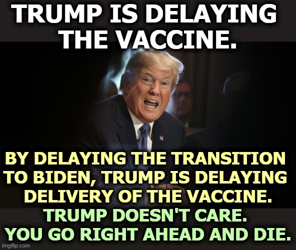 After all, Trump's tender bruised ego is the most important thing. The only important thing. | TRUMP IS DELAYING 
THE VACCINE. BY DELAYING THE TRANSITION 
TO BIDEN, TRUMP IS DELAYING 
DELIVERY OF THE VACCINE. TRUMP DOESN'T CARE. 
YOU GO RIGHT AHEAD AND DIE. | image tagged in trump shouting screaming with teeth,trump,vaccine,loser,biden,winner | made w/ Imgflip meme maker