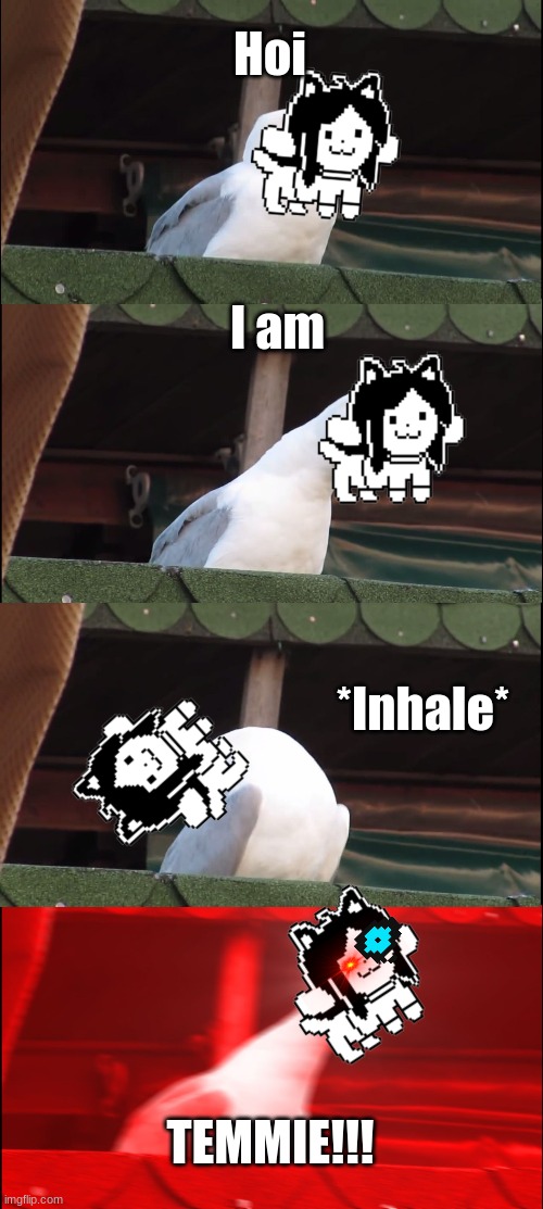 I AM TEMMIE BOI | Hoi; I am; *Inhale*; TEMMIE!!! | image tagged in memes,inhaling seagull,temmie boi | made w/ Imgflip meme maker