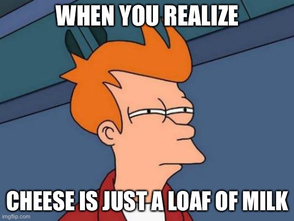 Futurama Fry |  WHEN YOU REALIZE; CHEESE IS JUST A LOAF OF MILK | image tagged in memes,futurama fry | made w/ Imgflip meme maker
