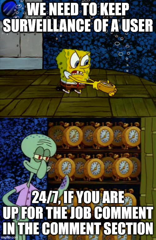 we need different shifts too | WE NEED TO KEEP SURVEILLANCE OF A USER; 24/7, IF YOU ARE UP FOR THE JOB COMMENT IN THE COMMENT SECTION | image tagged in spongebob vs squidward alarm clocks,cool | made w/ Imgflip meme maker
