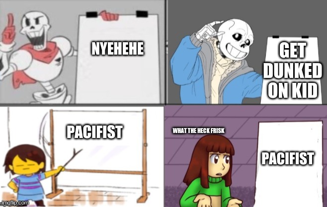 Made by Lily_Faith | GET DUNKED ON KID; NYEHEHE; PACIFIST; WHAT THE HECK FRISK; PACIFIST | made w/ Imgflip meme maker