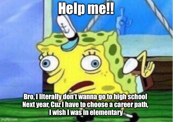 I HATE HIGHSCHOOL | Help me!! Bro, I literally don’t wanna go to high school 
Next year, Cuz I have to choose a career path, 
I wish I was in elementary | image tagged in memes,mocking spongebob | made w/ Imgflip meme maker