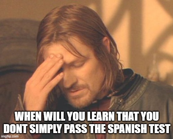 Frustrated Boromir | WHEN WILL YOU LEARN THAT YOU DONT SIMPLY PASS THE SPANISH TEST | image tagged in memes,frustrated boromir | made w/ Imgflip meme maker