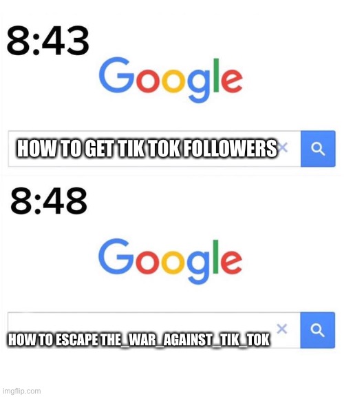 google before after | HOW TO GET TIK TOK FOLLOWERS; HOW TO ESCAPE THE_WAR_AGAINST_TIK_TOK | image tagged in google before after | made w/ Imgflip meme maker