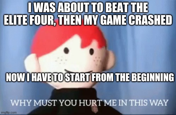 im pissed | I WAS ABOUT TO BEAT THE ELITE FOUR, THEN MY GAME CRASHED; NOW I HAVE TO START FROM THE BEGINNING | image tagged in why must you hurt me in this way,sadness,please help me | made w/ Imgflip meme maker