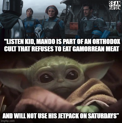 cultist mando | "LISTEN KID, MANDO IS PART OF AN ORTHODOX CULT THAT REFUSES TO EAT GAMORREAN MEAT; AND WILL NOT USE HIS JETPACK ON SATURDAYS" | image tagged in baby yoda | made w/ Imgflip meme maker