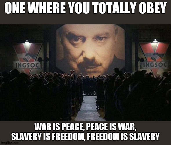 1984 | ONE WHERE YOU TOTALLY OBEY WAR IS PEACE, PEACE IS WAR, SLAVERY IS FREEDOM, FREEDOM IS SLAVERY | image tagged in 1984 | made w/ Imgflip meme maker