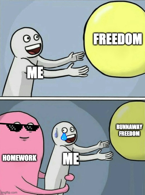 Running Away Balloon Meme | FREEDOM; ME; RUNNAWAY FREEDOM; HOMEWORK; ME | image tagged in memes,running away balloon | made w/ Imgflip meme maker
