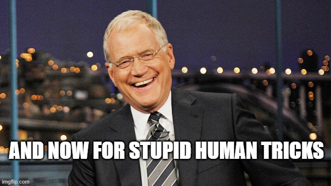 david letterman | AND NOW FOR STUPID HUMAN TRICKS | image tagged in david letterman | made w/ Imgflip meme maker
