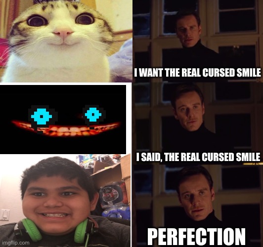 Cursed smiles | I WANT THE REAL CURSED SMILE; I SAID, THE REAL CURSED SMILE; PERFECTION | image tagged in perfection | made w/ Imgflip meme maker